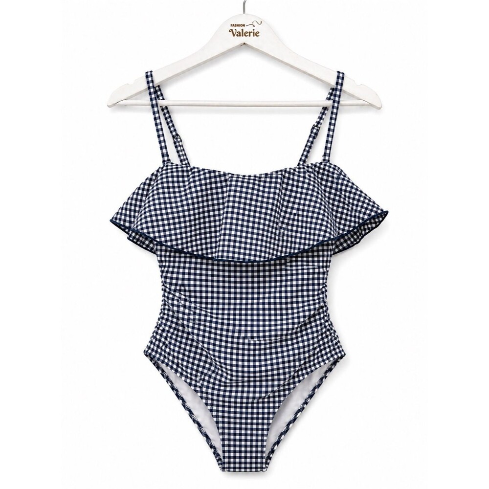 Kona Sol Blue & White Gingham One Piece Swimsuit Ruffle Summer Beach